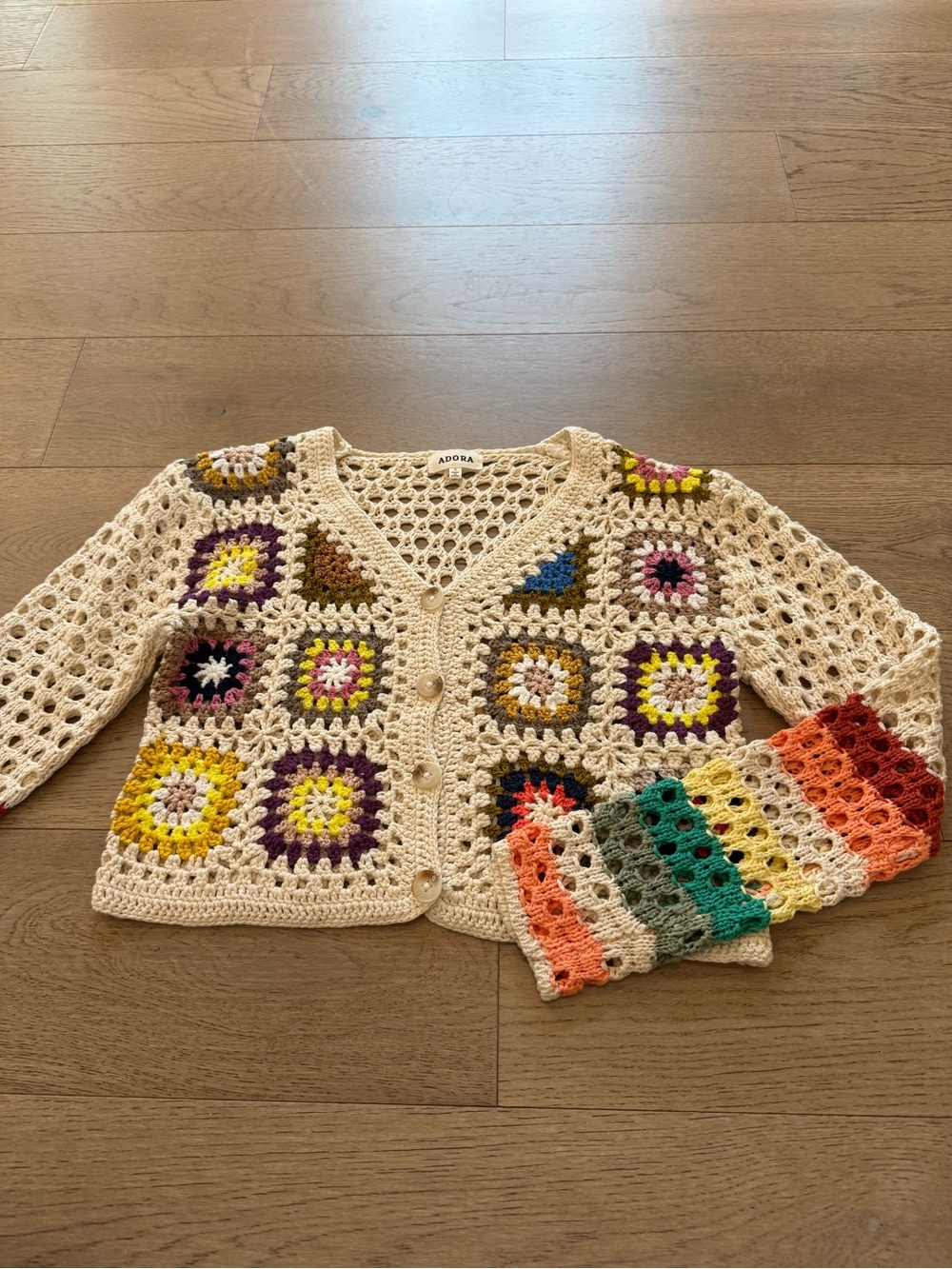 ADORA Cream Crochet Cardigan with Multicolor Granny Squares